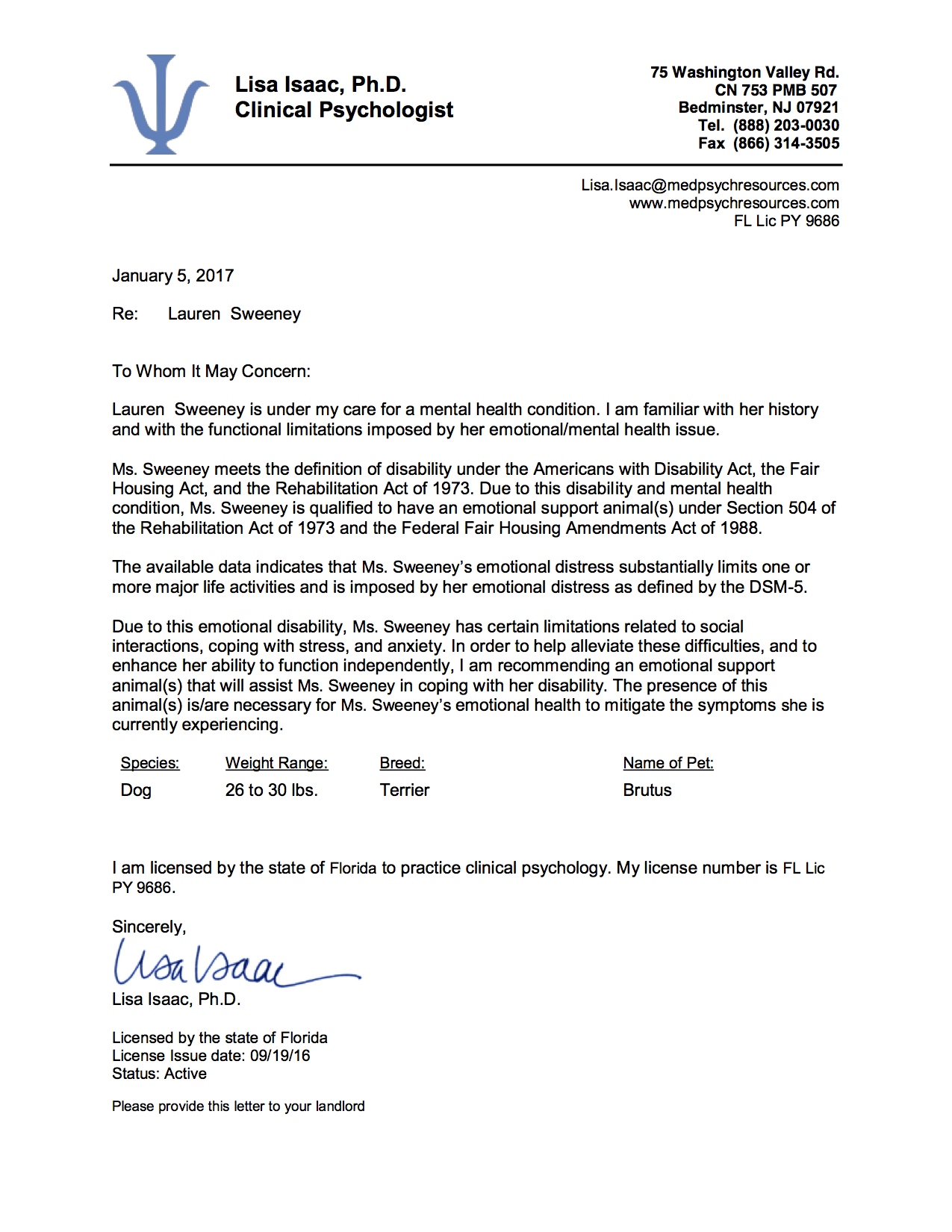 Sample Letter For Therapy Support Animal / Esa Letter Template