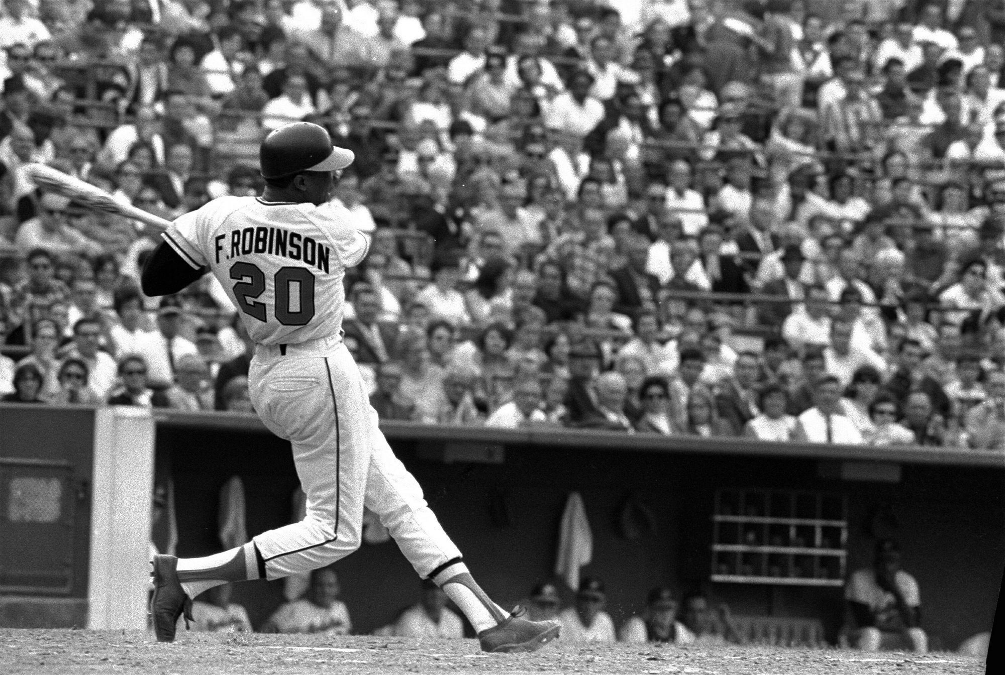 FILE -This is a May 19, 1966, file photo showing Baltimore Orioles' Frank Robinson at bat. Hall of Famer Frank Robinson, the first black manager in Major League Baseball and the only player to win the MVP award in both leagues, has died. He was 83. Robinson had been in hospice care at his home in Bel Air. MLB confirmed his death Thursday, Feb. 7, 2019.(AP Photo/File)