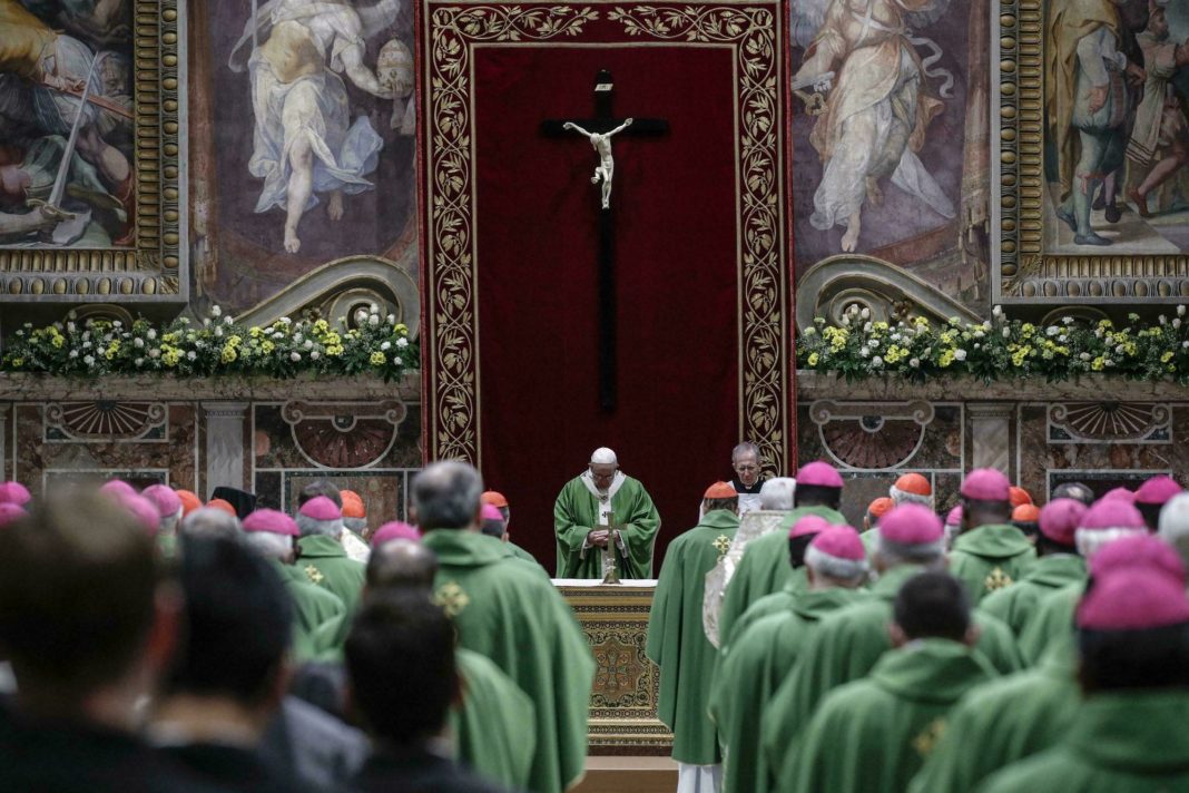 Pope Francis celebrates Mass at the Vatican, Sunday, Feb. 24, 2019. Pope Francis celebrated a final Mass to conclude his extraordinary summit of Catholic leaders summoned to Rome for a tutorial on preventing clergy sexual abuse and protecting children from predator priests. The Mass was celebrated Sunday in the Sala Regia, one of the grand, frescoed reception rooms of the Apostolic Palace. (Giuseppe Lami/Pool Photo via AP)