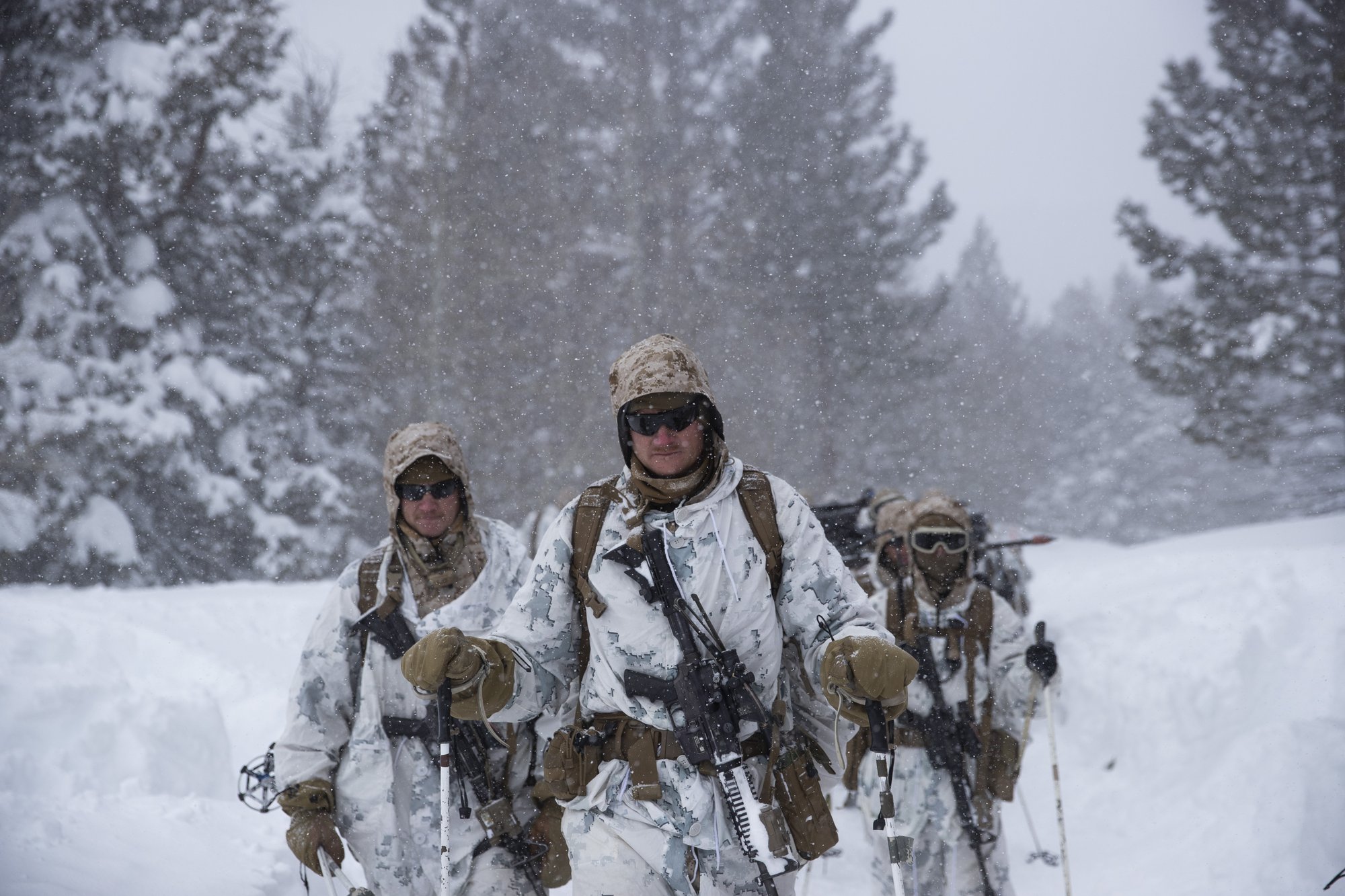 U.S. Marines walk along a snow-covered trail during their advanced cold-weather training at the Marine Corps Mountain Warfare Training Center Sunday, Feb. 10, 2019, in Bridgeport, Calif. After 17 years of war against Taliban and al-Qaida-linked insurgents, the military is shifting its focus to better prepare for great-power competition with Russia and China, and against unpredictable foes such as North Korea and Iran. (AP Photo/Jae C. Hong)