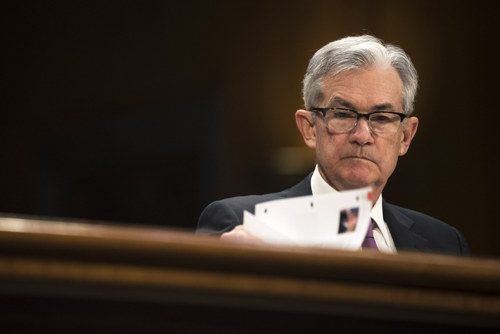 FILE- In this Feb. 26, 2019, file photo Federal Reserve Chairman Jerome Powell testifies before the Senate Banking, Housing and Urban Affairs Committee on monetary policy on Capitol Hill in Washington. On Wednesday, March 20, the Federal Reserve releases its latest monetary policy statement after a two-day meeting. (AP Photo/Kevin Wolf, File)