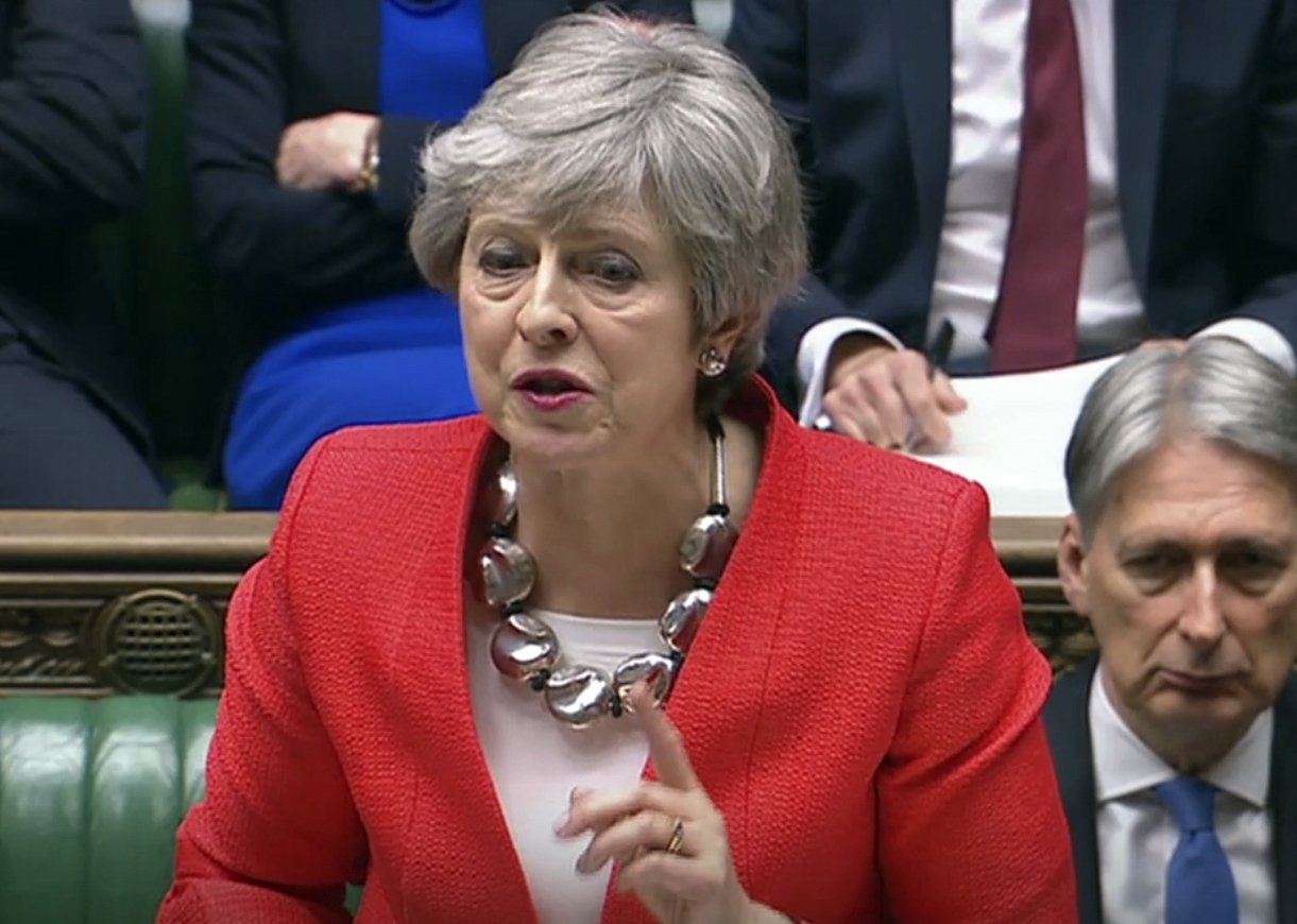 In this grab taken from video, Britain''s Prime Minister Theresa May speaks during the Brexit debate in the House of Commons, London, Tuesday March 12, 2019. Britain's attorney general punctured Prime Minister Theresa May's hopes of winning backing for her Brexit deal Tuesday, saying last-minute changes secured from the European Union didn't give Britain the power to cut itself free of ties to the bloc. (House of Commons/PA via AP)