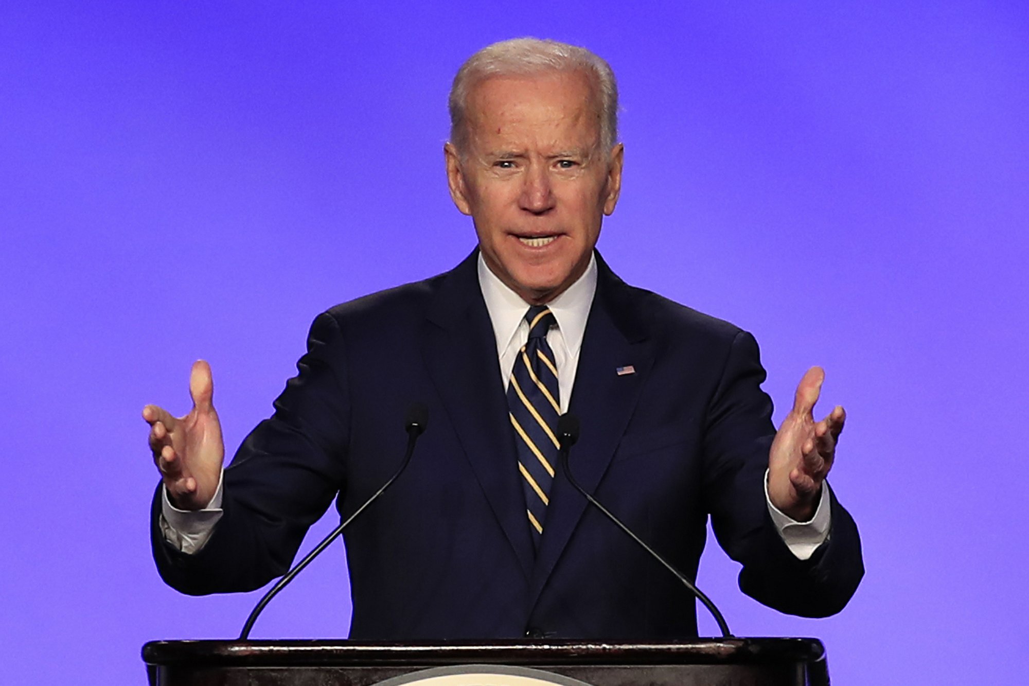 In this April 5, 2019 photo, former Vice President Joe Biden speaks at the International Brotherhood of Electrical Workers construction and maintenance conference in Washington. (AP Photo/Manuel Balce Ceneta)