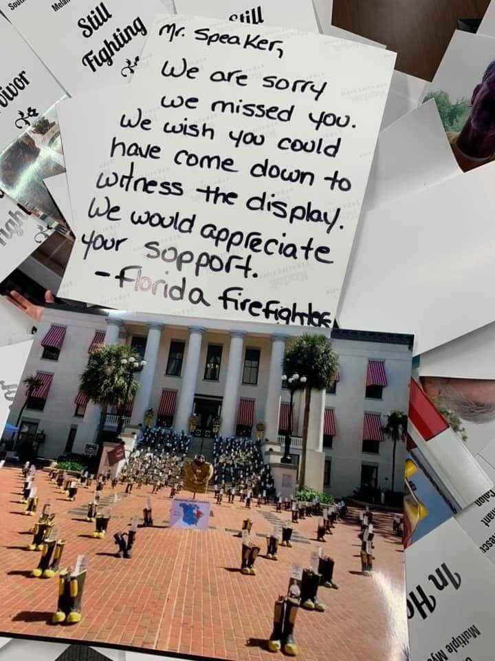 Letter sent to the speaker regarding the rows of boots representing firefighters who died from cancer. (Credit: WINK News)