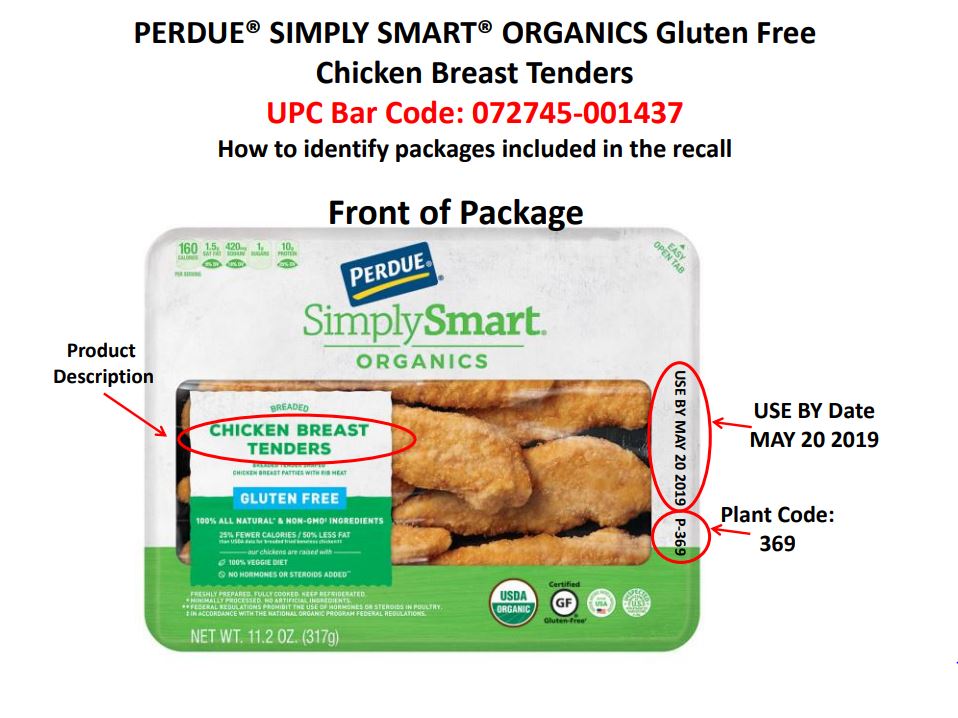 The item, Organics Breaded Chicken Breast Tenders, is among the products in a recall by Perdue Foods. (Credit: USDA)