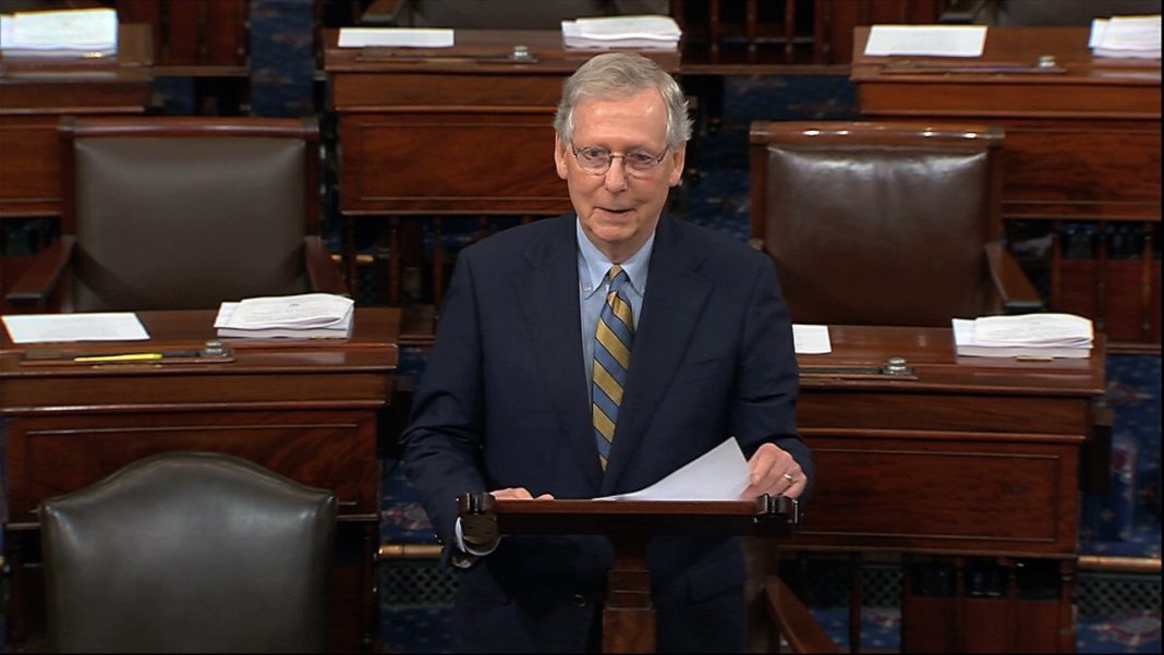 FILE: In this image from Senate Television, Senate Majority Leader Mitch McConnell of Ky., speaks on the floor of the U.S. Senate, Monday, Oct. 1, 2018, on Capitol Hill in Washington. (Senate Television via AP/FILE)