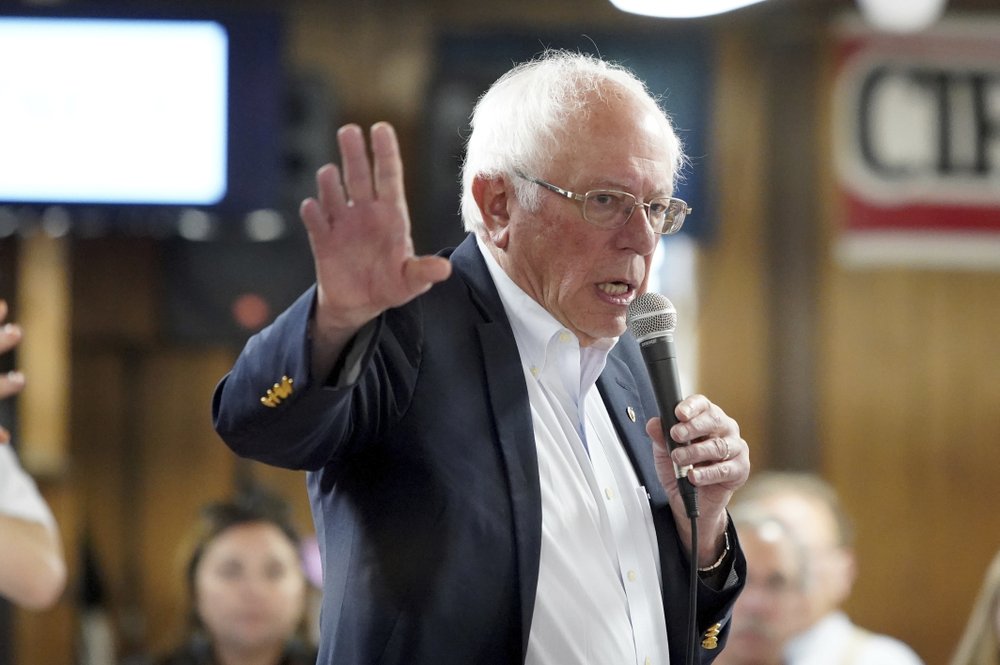 Democratic presidential candidate Sen. Bernie Sanders, I-Vt speaks during a campaign stop at the Circle 9 Ranch Campground Bingo Hall, Tuesday, Sept. 3, 2019, in Epsom, N.H. (AP Photo/Mary Schwalm)