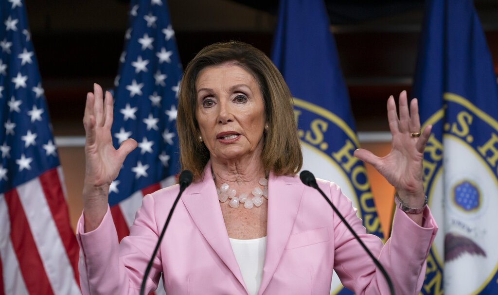 Speaker of the House Nancy Pelosi, D-Calif., meets with reporters just after the House Judiciary Committee approved guidelines for impeachment hearings on President Donald Trump, at the Capitol in Washington, Thursday, Sept. 12, 2019. (AP Photo/J. Scott Applewhite)