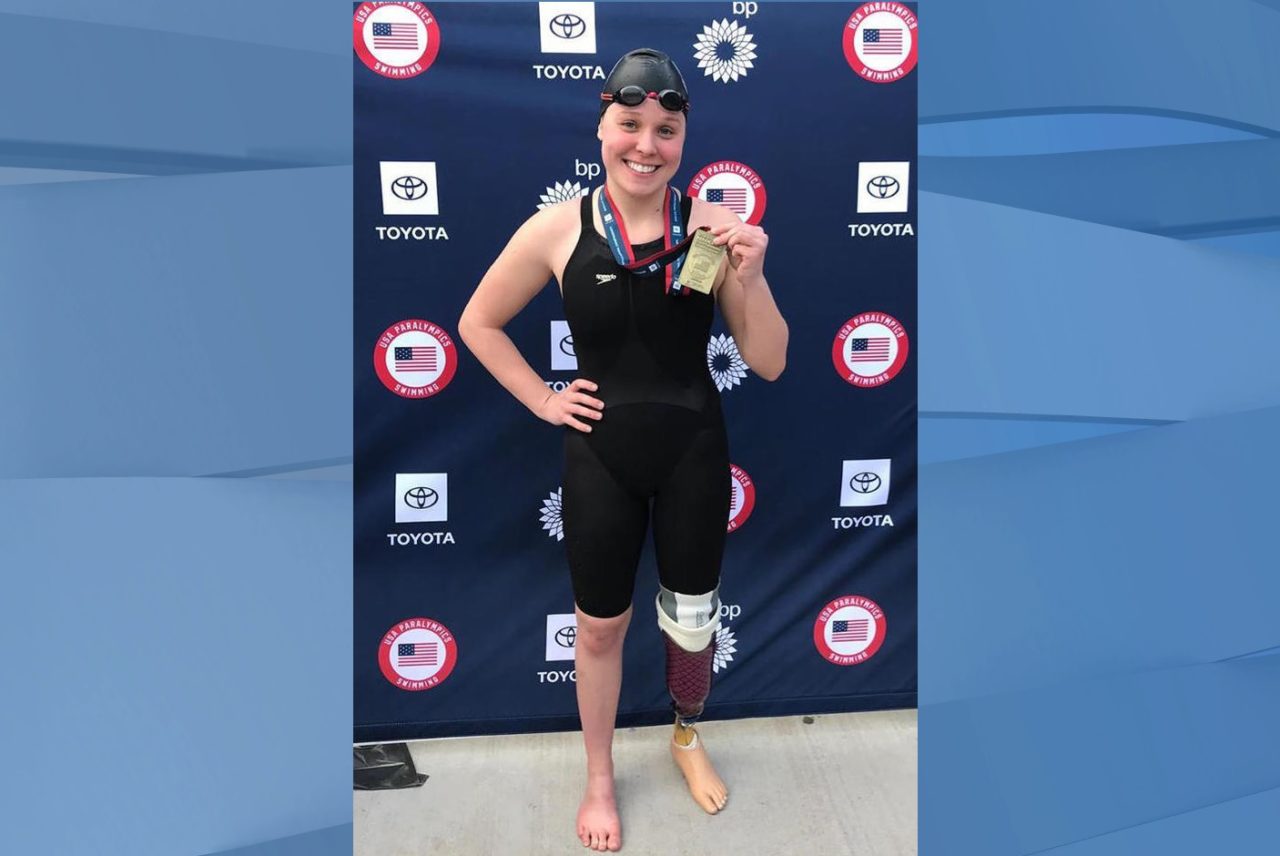 After losing a leg, swimmer Morgan Stickney still competed, and two events at the 2018 National Paralympic Championships. (Credit: family photo via CBS News)