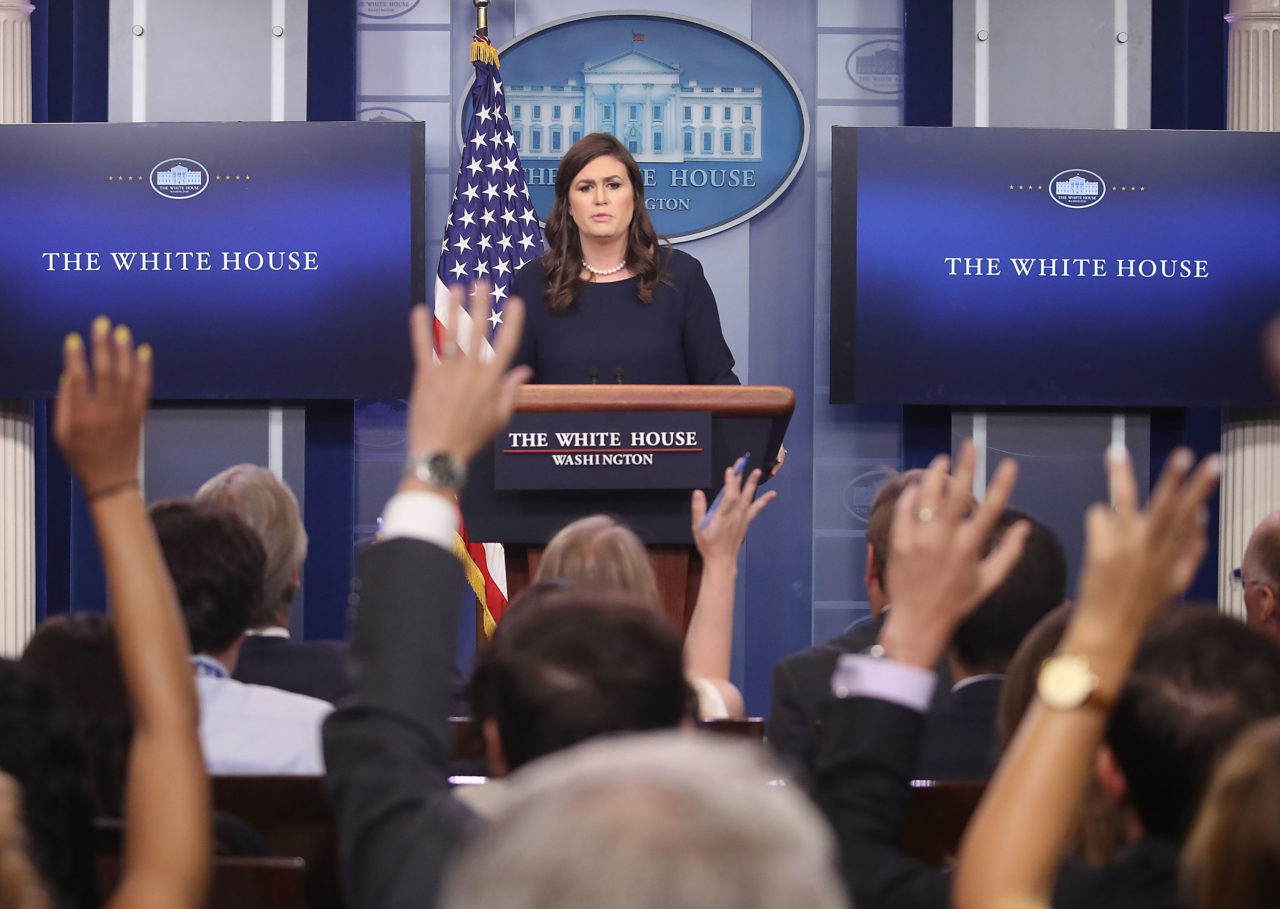 WASHINGTON, DC - JULY 26: White House Press Secretary Sarah Huckabee Sanders speaks to the media during the daily press briefing at the White House on July 26, 2017 in Washington, DC. (Photo by Mark Wilson/Getty Images)