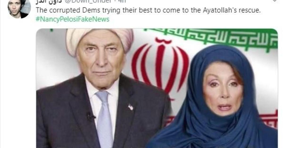 Trump retweets fake image of Nancy Pelosi and Chuck Schumer in front of Iranian flag. (Credit: CBS News)