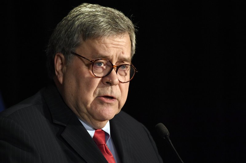 FILE: Attorney General William Barr speaks at the National Sheriffs' Association Winter Legislative and Technology Conference in Washington, Monday, Feb. 10, 2020. (AP Photo/Susan Walsh/FILE)