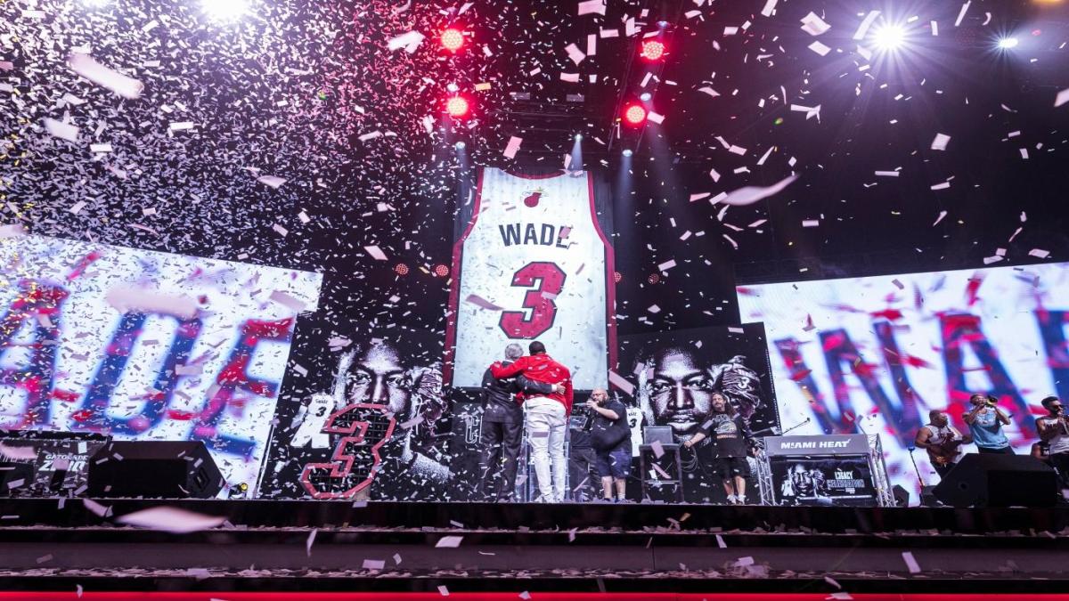 Dwyane Wade’s jersey is finally hanging from the rafters at the American Airlines Arena. The Heat legend’s jersey was raised to the ceiling with help from his wife, actress Gabrielle Union, and their baby girl. (Credit: CBS Sports)