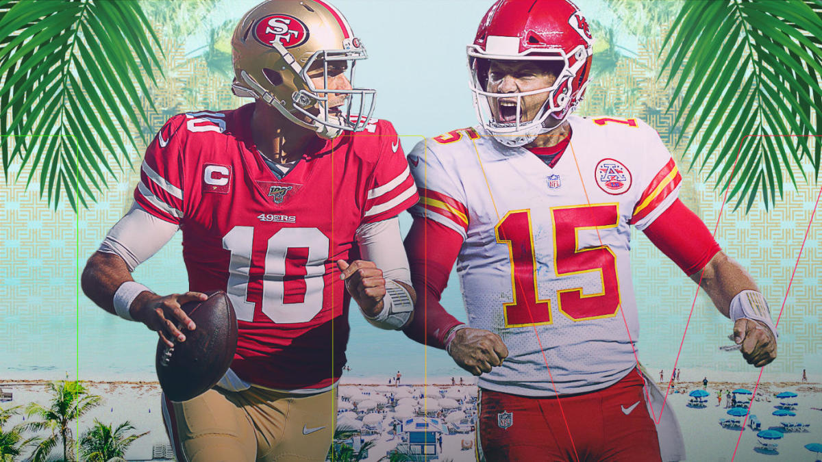 Jimmy Garoppolo, left, and Patrick Mahomes II, right, face off in the Super Bowl LIV in Miami, where the San Francisco 49ers play the Kansas City Chiefs. (Credit: CBS Sports)