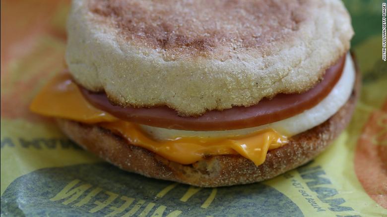 FAIRFIELD, CA - JULY 23: A McDonald's Egg McMuffin is displayed at a McDonald's restaurant on July 23, 2015 in Fairfield, California. McDonald's has been testing all-day breakfast menus at select locations in the U.S. and could offer it at all locations as early as October. (Photo illustration by Justin Sullivan/Getty Images)