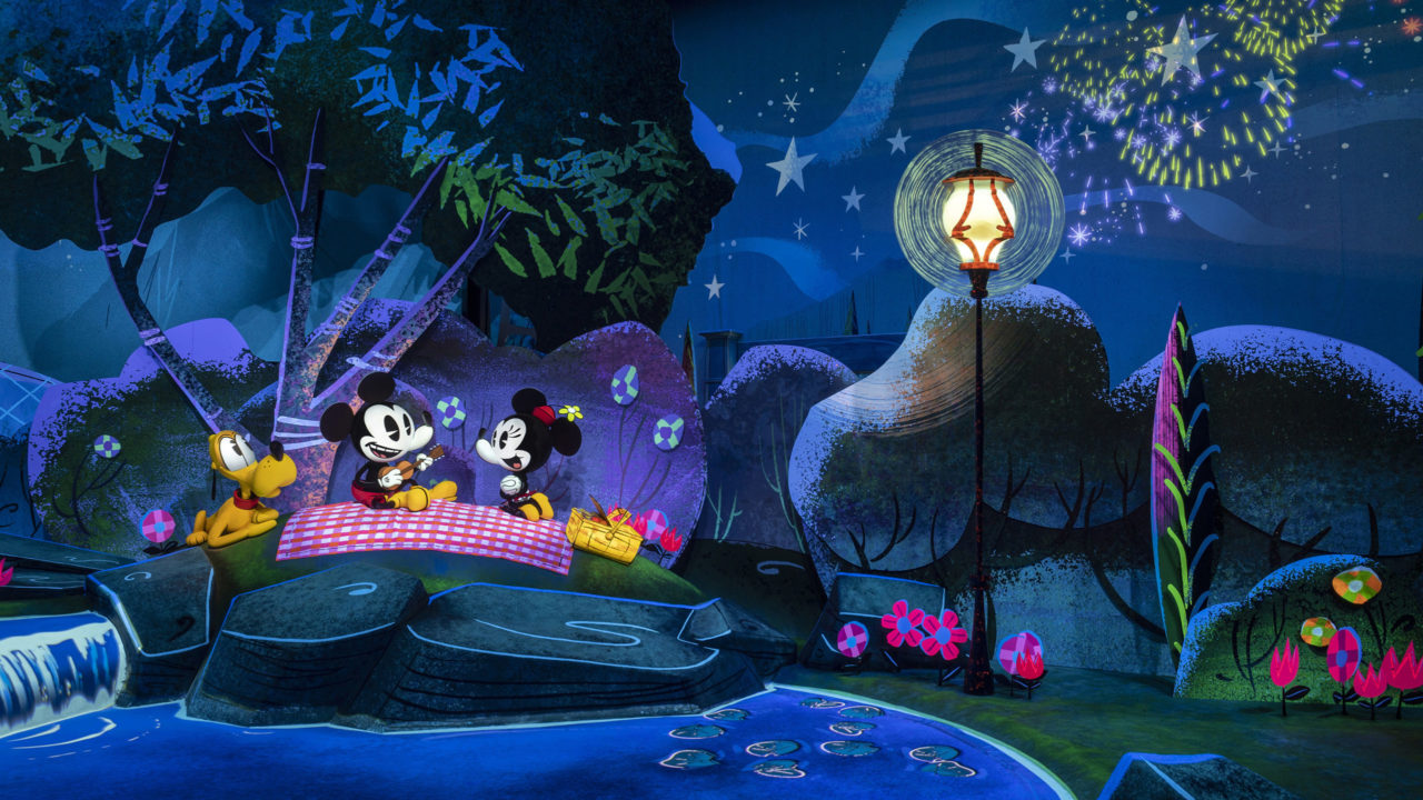 Mickey Mouse and Minnie Mouse search for their perfect picnic spot in Runnamuck Park as part of Mickey & Minnie’s Runaway Railway, the new family-friendly attraction opening March 4, 2020, in Disney’s Hollywood Studios at Walt Disney World Resort in Lake Buena Vista, Fla. The first ride-through attraction in Disney history featuring Mickey and Minnie brings guests into the vibrant world of “Mickey Mouse” cartoon shorts. (Kent Phillips, photographer)
