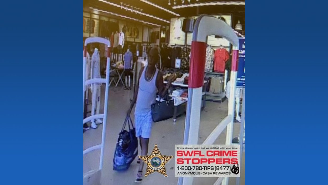 Suspect caught on camera leaving a south Fort Myers clothing store with over $400 in merchandise May 9.