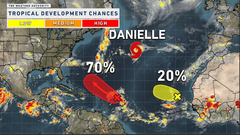 Hot and stormy Thursday; Tropical Storm Danielle forms in Mid-Atlantic